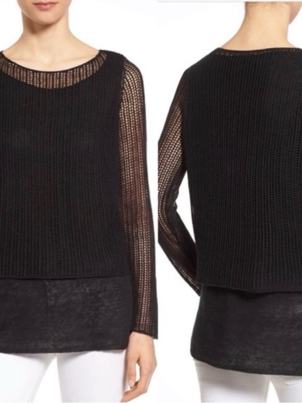 Eileen Fisher Black Organic Linen Cord Crew Neck Top